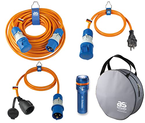 as - Schwabe Camping Set 5-teilig - 25 m CEE Verlängerungsleitung mit CEE Stecker und CEE Kupplung - Schutztasche - 2 x 1,5 m Adapterleitung - LED Taschenlampe, 19706