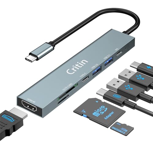 USB C hub,7-in-1 USB C multi-port adapter with 4K HDMI,100W PD,USB-C and 2 USB-A data ports 5Gbps, SD&TF card slots,Aluminum USB Type C Hub,for MacBook Pro Air,Surface Pro,iPad Pro,XPS, HP,Lenovo etc