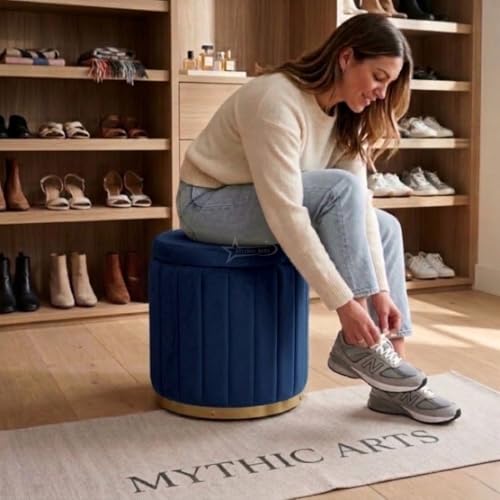 Image of Superior Round Storage Ottoman Stool 13 X 13X 16 inch, with Gold Metal Base | Elegant Pouffe with Secret Storage | Cushioned Footrest for Living Room, Bedroom, and Lounge Blue
