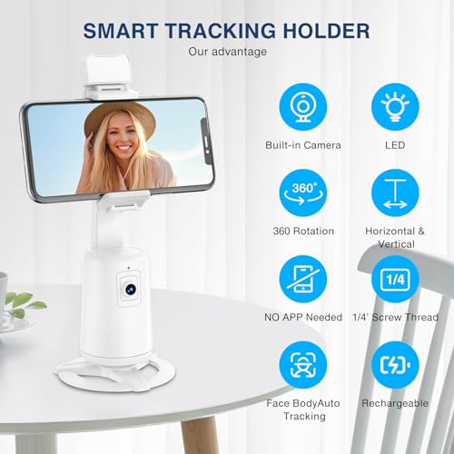 Image of Auto Face Tracking Tripod 360 Rotating Cell Phone Photo and Video Kits Stand, No App, Camera Stand with Remote and Gesture Control, Rechargeable Smart Shooting Stand for Live Recording Tiktok(White)