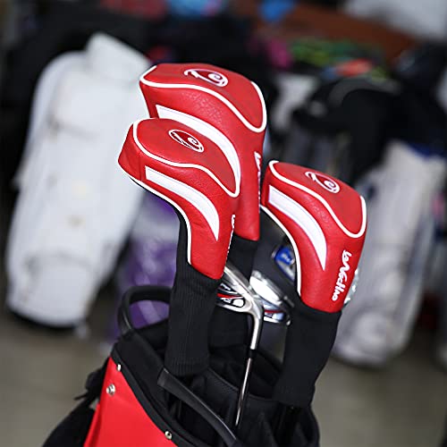 3Pcs Golf Head Covers Club Pu Leather Headcover Set For Drivers Fairway Woods Hybrid Fit Oversized Club Men Women (Red-1# 3# 5#) #TOP5