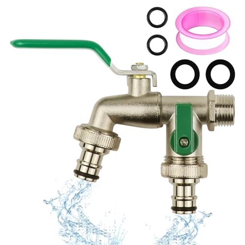 Double Garden Tap, 1/2 Inch Zinc Alloy Water Tap, Rust and Antifreeze 2 Way Splitter Water Faucets, Household Outside Tap, Hose Tap with Double Connectors, for Garden Washing Machine Rain Barrel