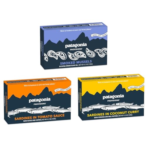 Patagonia Tinned Fish Mix Bundle | (1) Tomato Sardines, (1) Coconut Curry Sardines, (1) Smoked Mussels