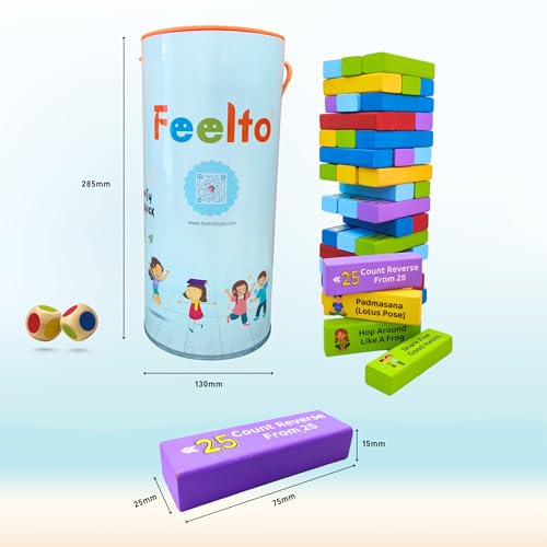 Image of Colorful Kids Activity Tower Blocks Wooden Game with Dice - Fun Stacking Blocks with Fitness, Yoga & Activity Challenges - Educational Family Game for Kids & Adults, Party & Group Bonding Toy