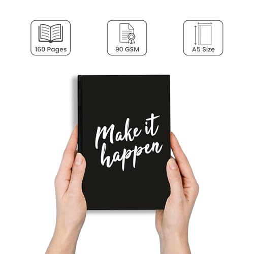 Image of A5 Hard Cover Diary, 160 Pages Ruled Notebook, 90 GSM Natural Shade Paper, Stylish Journal Diary for Women, Men, Students, and Office Use, Black Solid (Make It Happen)