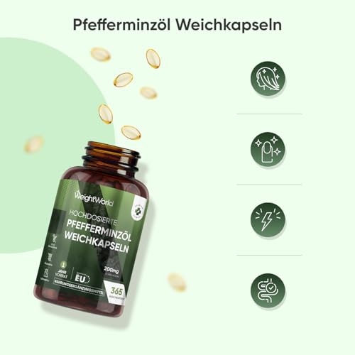 Pfefferminzöl Weichkapseln - 200mg Pfefferminz Öl pro Softgel - 365 Pure Peppermint Oil Weichkapseln - 1 Jahr Vorrat - Glutenfrei, Laktosefrei & Ohne Gentechink - Pfefferminze - WeightWorld