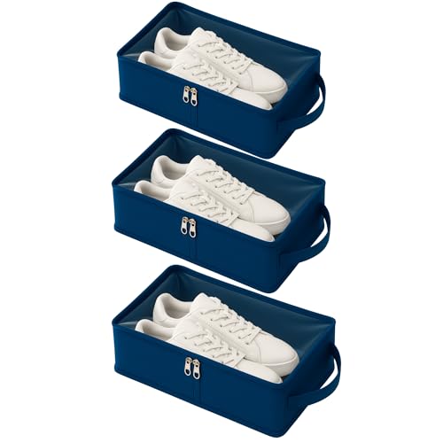 Image of Under Bed Storage Shoes Organizer Box with Clear Plastic Zippered Cover | Large Durable Shoe Storage Pouch for Men & Women | Travel, Closet & Shoe Protection (Blue, Pack of 3)