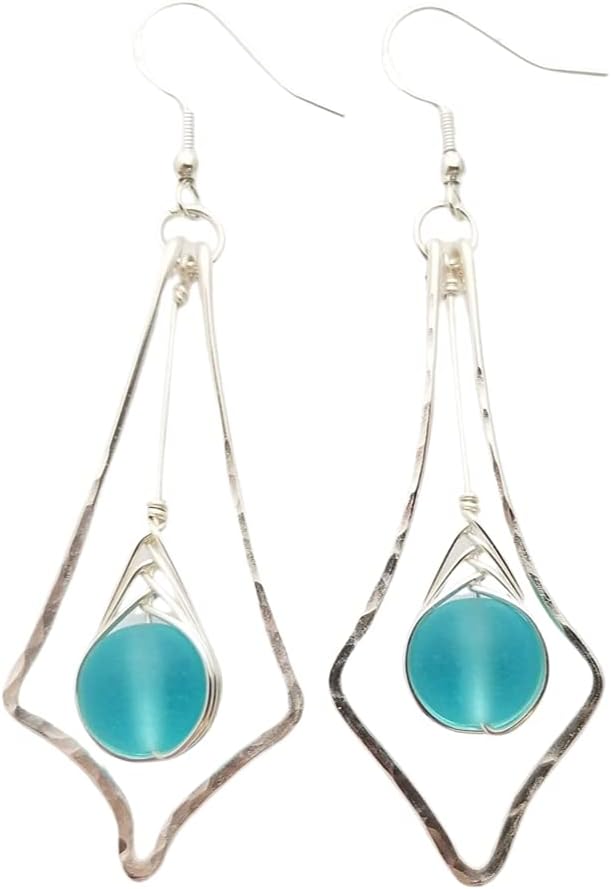 Yinahawaii Handmade Sea Glass Earrings, Hammered Wire LoopHawaii Peacock inspired Turquoise Blue Earrings, Unique Handmade Sea Glass Jewelry For Women (December Birthstone)