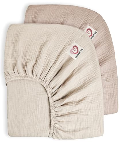 Image of Bearmoss Muslin Crib Sheets 100% Cotton Baby Crib Sheets Fitted for Standard Crib Mattress & Toddler Bed Mattress 52"x28" Soft Breathable Crib Sheets Neutral for Boys Girls - 2 Pack (Baby Face)