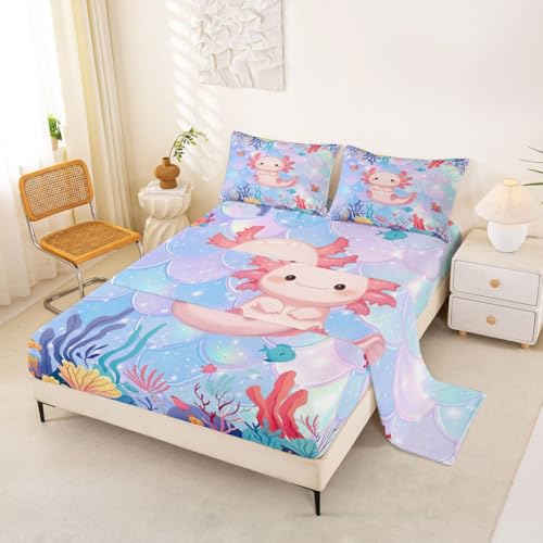 Image of jejeloiu Cute Axolotl Bed Sheets Set Full Size Kawaii Ocean Sealife Bed Set for Kids Boys Girls Cartoon Salamander Deep Pocket Fitted Sheet Reptile Animal Breathable Soft Lightweight Microfiber