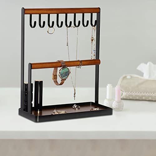 Ulable Wooden Wrought Iron Jewelry Organizer Jewellery Display Stand Holder Cosmetic Rings Necklaces Bracelets Storage Rack Earring Display Shelf (Brown A)