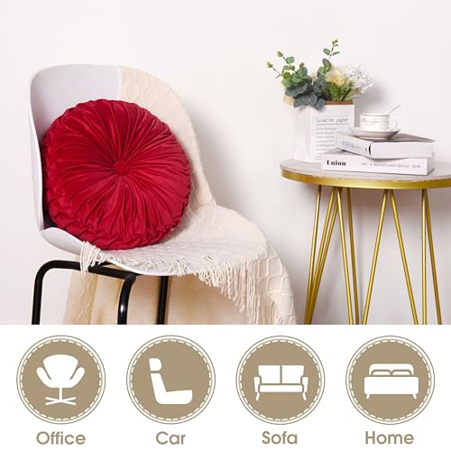 Image of HIG Set of 2 Red Ruched Velvet Round Throw Pillows - 14.5'' Decorative Pillows with Soft Polyester Filling for Couch, Bed, Living Room, Bedroom, or Dorm - Handmade, Stress Relieving, All-Season