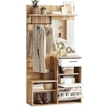 vutizal Garderoben-Set mit Spiegel und Sitzbank, Schuhschrank kompakt mit Klapptüren, viel Stauraum – Flurgarderobe für Flur und Eingangsbereich, Weiß/Naturholz, 100x38,5x190 cm