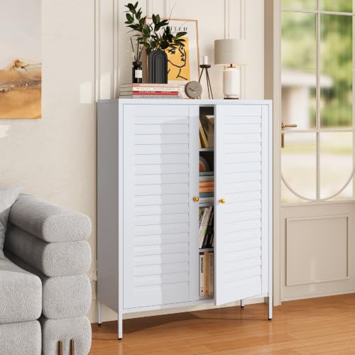 Image of 40 inch Kitchen Pantry Cabinet, Entryway Storage Cabinet, White | Heavy Duty Metal, Fluted Doors, 3 Adjustable Shelves, 5-Tier, Modern, Multi-Purpose for Living Room, Office, Apartment