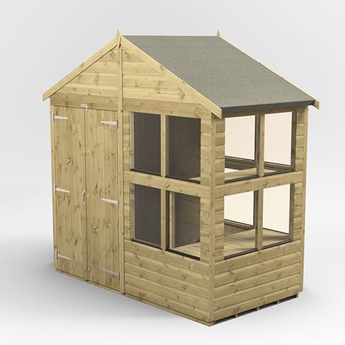 Image of Powersheds High Grade Pressure Treated Apex Potting Greenhouse Wooden Shed with Double Doors, Security Features, Heavy Duty Frame, Galvanised Ironmongery, Made from Extra Thick Timber (4x8)
