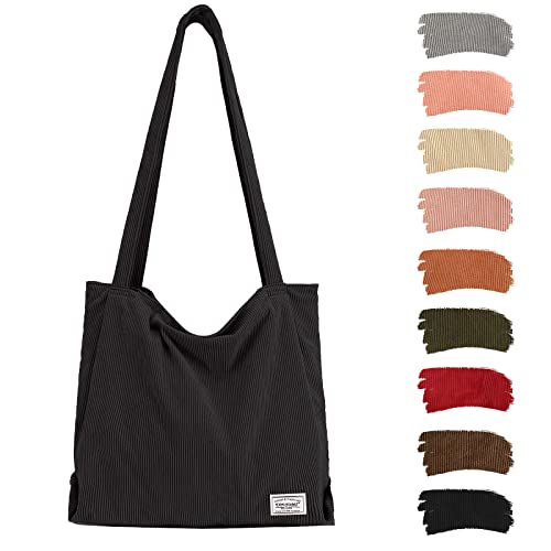 TANTOMI Shopper Tasche Damen, Tote Bag mit Reißverschluss aus Cord, Shopper Damen Groß für Arbeit Büro Reisen Einkaufen Schule und Alltag(Schwarz).