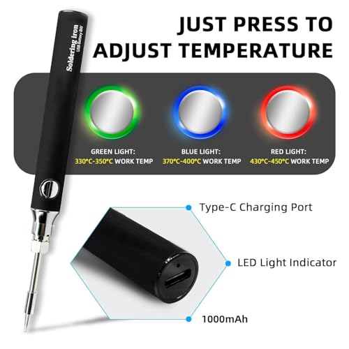 Image of Cordless USB Rechargeable Soldering Iron Kit with 1000mAh Battery, Fast Heating 15s, 3 Temperature Levels up to 450C, Type-C Portable Soldering Pen for Electronics Repair, Mobile Fixing