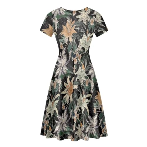 Image of HUGS IDEA Womens Puffy Swing Midi Dress Round Neck Short Sleeve Party A-Line Dresses
