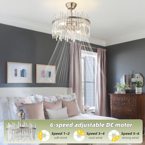 Image of Silver Fandelier Ceiling Fans with Lights, Crystal Chandelier Ceiling Fan with Light Remote Control, Mid Century with 6 Speeds for Bedroom, Living Room