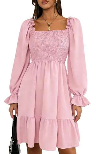 Remxi Long Sleeve Mini Dress for Women Elegant Square Neck Smocked Elastic Waist Ruffle A Line Party Short Dress Pink S