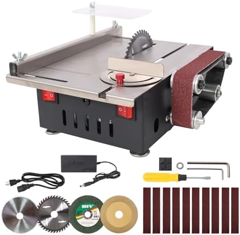 Portable Mini Table Saw & Belt Sander, Multi-Functional Electric Cutting & Polishing Machine, 7 Adjustable Gears for DIY Model Crafts, Desktop Tool - Black
