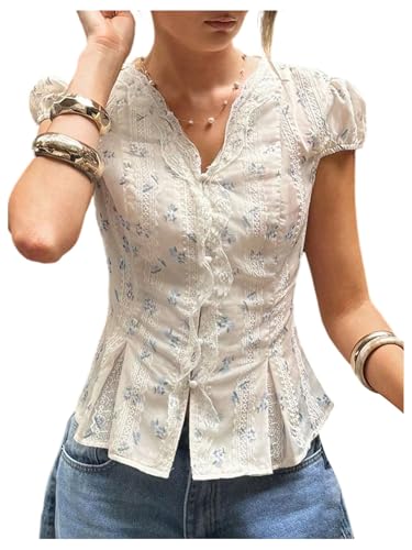 Camisa corta floral mujer cómoda y fresca que estiliza con su escote V y volantes suaves