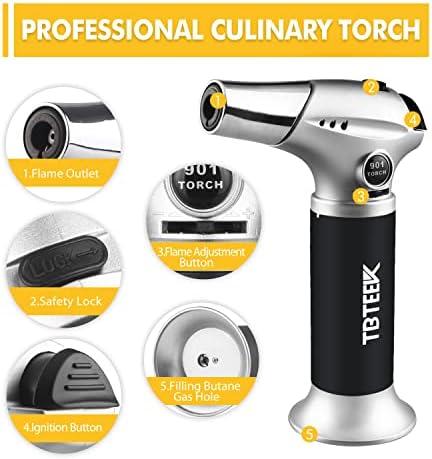 TBTeek Blow Torch, Fit All Tanks Kitchen Blow Torch with Safety Lock & Adjustable Flame for Cooking, BBQ, Baking, Brulee, Creme, DIY Soldering(Butane Not Included)