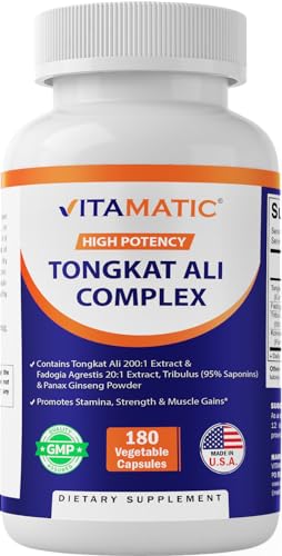 Vitamatic Tongkat Ali Extract 200 :1 Extract for Men (Longjack) Eurycoma Longifolia - 1800 mg Per Serving - Made with Fadogia Agrestis 20:1 Extract, Tribulus 95% & Panax Ginseng - 180 Capsules