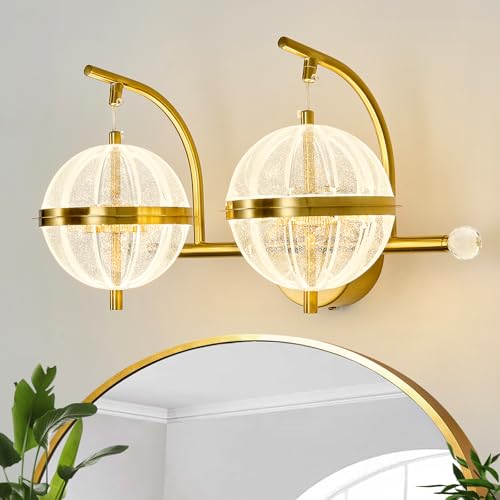 Image of UOFUS 24W Gold Bathroom Light Fixtures Modern LED Vanity Light with Globe Acrylic LampShade 2 Lights Mid Century Wall Sconces Indoor Vanity Lights Over Mirror for Bedroom Hallway Entryway