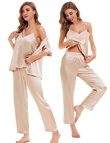 Image of SWOMOG Womens Silk Satin Pajamas Sets 4pcs Sleepwear Sexy Cami Shorts Set and Button Down Short Sleeve Pjs Loungewear