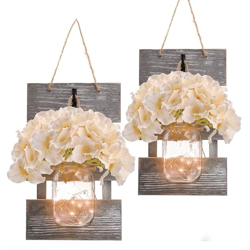 Image of Rustic Mason Jar Wall Decor Sconces with Battery-Powered LED Fairy Lights,with Silk Flowers, Perfect for Bedroom, Kitchen, Bathroom, and Home Decor (Set of 2)