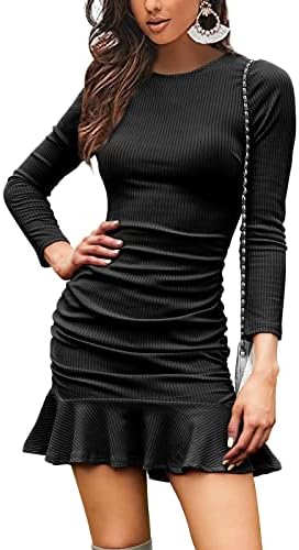 Byinns Women's Sexy Mini Dress Knit Ruched Long Sleeve Ruffle Bodycon Dress Club Date Night Cocktail Party Dresses Black