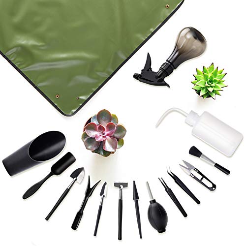 Floridliving Succulent Tools Set, 14pcs Mini Garden Hand Tools + 1 Waterproof Foldable Plant Repotting Mat, Garden Tool Set Plant Tools for Indoor Miniature Fairy Garden Plant Care