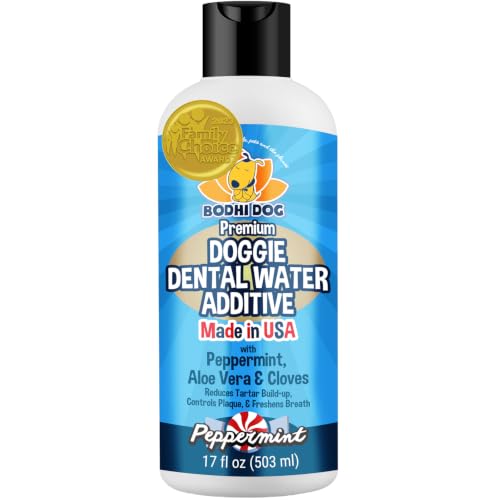 Bodhi Dog Peppermint Dental Dog Water Additive - Dental Water Additive for Dogs & Pets - Teeth, Breath & Healthy Gums - Freshens Breath & Reduces Tartar Build Up - Oral Care Cleaner- Made in USA, 17oz