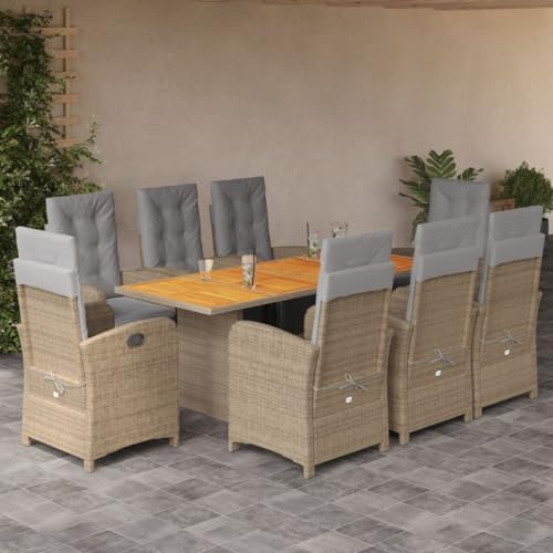 Mokuyary Juego de 9 muebles de jardín con cojines beige de polirratán, juego de mesa de comedor, muebles de balcón, para porches, patios, terrazas, material de escritorio, madera, M321K511