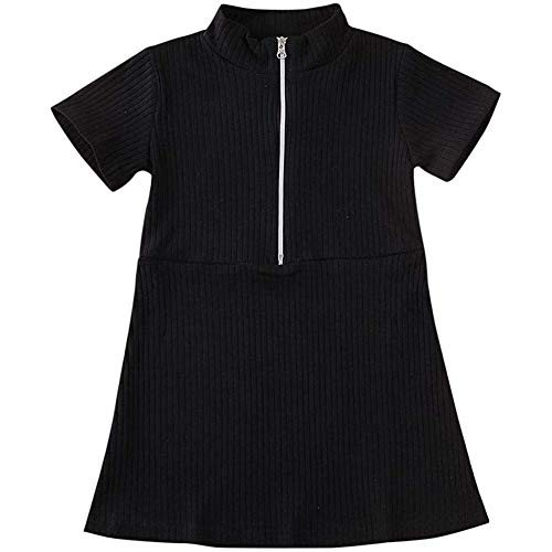 preetyyou Toddler Baby Girl One Piece Dress Kids Solid Color Short Sleeve Ribbed Zipper Dresses Skirts Outfits Clothes (Black,4-5T)