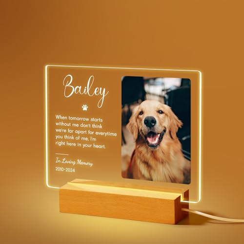 Jodimitty Personalisiert Haustier Gedenktafel aus Acryl, optionales LED-Licht und Holzsockel, mit Foto und Text, Gedenkgeschenke Bilderrahmen Andenken an verstorbenen Hund Katze (Stil C)