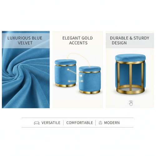 Image of Decorative Ottoman Pouffes for Sitting - Two-Piece Set of Puffy Stools and Footstools - Round Ottoman Stool for Living Room Furniture (Sky Blue)