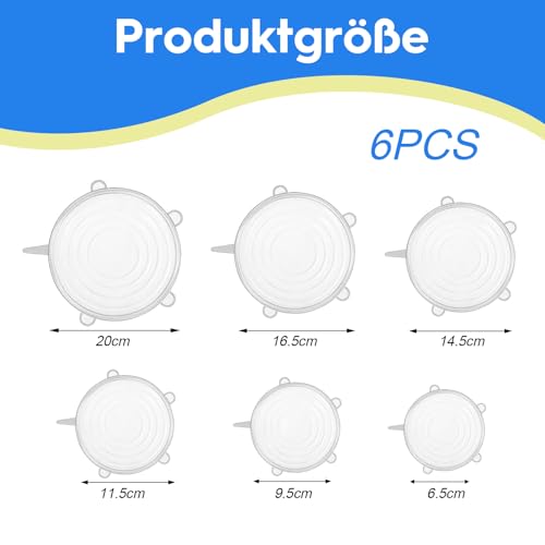 HSYTEK 6 Stück Silikondeckel Dehnbar, Wiederverwendbar Silikon Deckel Universal Dehnbar, 6 verschiedene Größen Silikon Deckel, Joghurt Deckel, Deckel für Joghurtbecher, für Schüsseln, Becher, Dosen