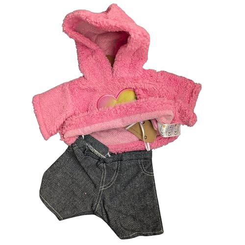 Splodge Teddy Parties - Kapuzenpullover mit pelzigem Herz und Jeans-Outfit - Teddybär-Kleidung - Größe: 40 cm, passend für Build a Bear, Rose