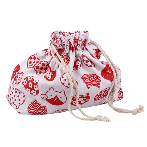 DECORNIJIA Bolsa Bento Japonesa Doble Capa Gruesa con Cordón Bolsa Almuerzo de Algodón para Oficina Picnic y Uso Diario Ligera y Portátil Diseño Japonés Rojo