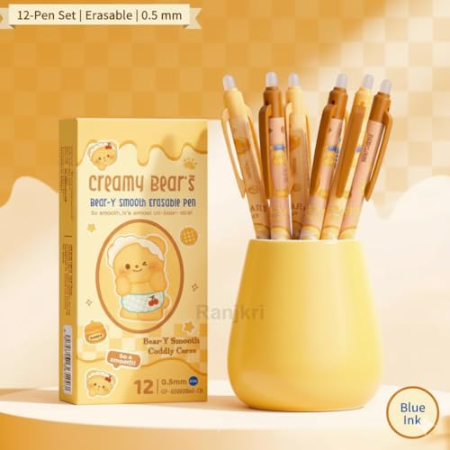 Image of Creamy Beaar Erasable Gel Pens Set of 12 | 0.5 mm Fine Tip Blue Ink | Heat Erase Technology | Soft Grip | Cute Pens for Kids, Students & Office Use