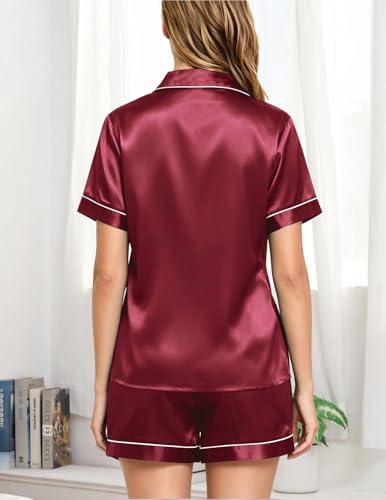 Image of Veseacky Women Satin Pajamas Set 2 Piece Button Down Short Sleeve Soft Sleepwear with Pockets