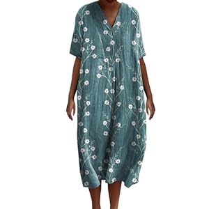 Robe Ete Femme Mi Longue Fluide Coton Chemisier Robes Manches Courtes Casuel Ample A-Line Imprimé Fleur Robes Col en V Soiree Grande Taille Robe Été Femme Longue Décontractée Dresses Fête Travail