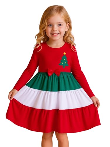 Image of Girl Long Sleeve Dress Ruffle Rainbow Color Block Cotton Casual Tiered Pleated Twirly Dress