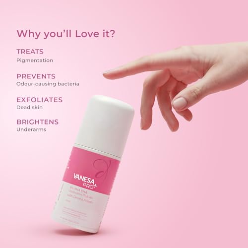 Image of Vanesa Pro+ 4% AHA BHA Underarm Roll-on Deodorant | Derma Action formula for Up-to 48 hrs freshness, Even Tone Skin, Kills bacteria, Reduces Body Odor & Mild Pigmentation | 1% Mandelic, 2% Lactic, 1% Salicylic, Kojic Acid, Niacinamide | Alcohol & Aluminium Free |Pearl Fragrance,50ml