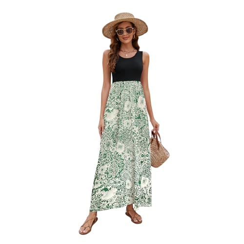 Image of Sherosa Women Boho Chevron Striped Floral Printed Summer Sleeveless Tank Long Maxi Party Dress