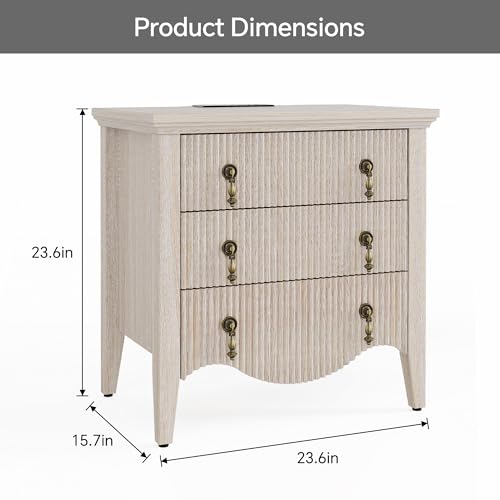 Image of FUSUNBAO Set of 2 Nightstands with Charging Station&3 Fluted Drawers,Oak | Vintage Bedside Table, 3 Fluted Drawers and Open Shelf, Rustic End Table, Power Outlet and USB Ports, For Bedroom