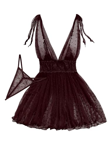Image of Lilosy Sexy Polka Dots Mesh Sheer Lace Babydoll Chemise Lingerie Set Floral Sleep Wear