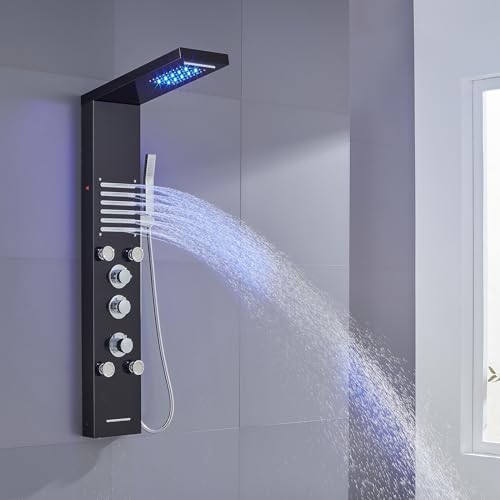 KINKIBOS Colonne de Douche Thermostatique, Panneau de Douche à 6 Fonctions avec LED, Colonne de Douche Hydromassante avec Mitigeur et Buses Massants, Acier...
